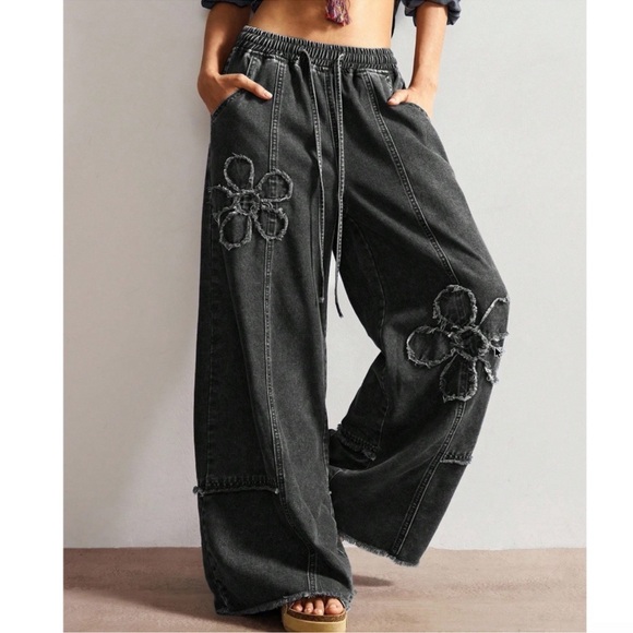 Bohemian Black Mineral Wash Flower Stretchy Waist Wide Lev Pants XS S M L XL